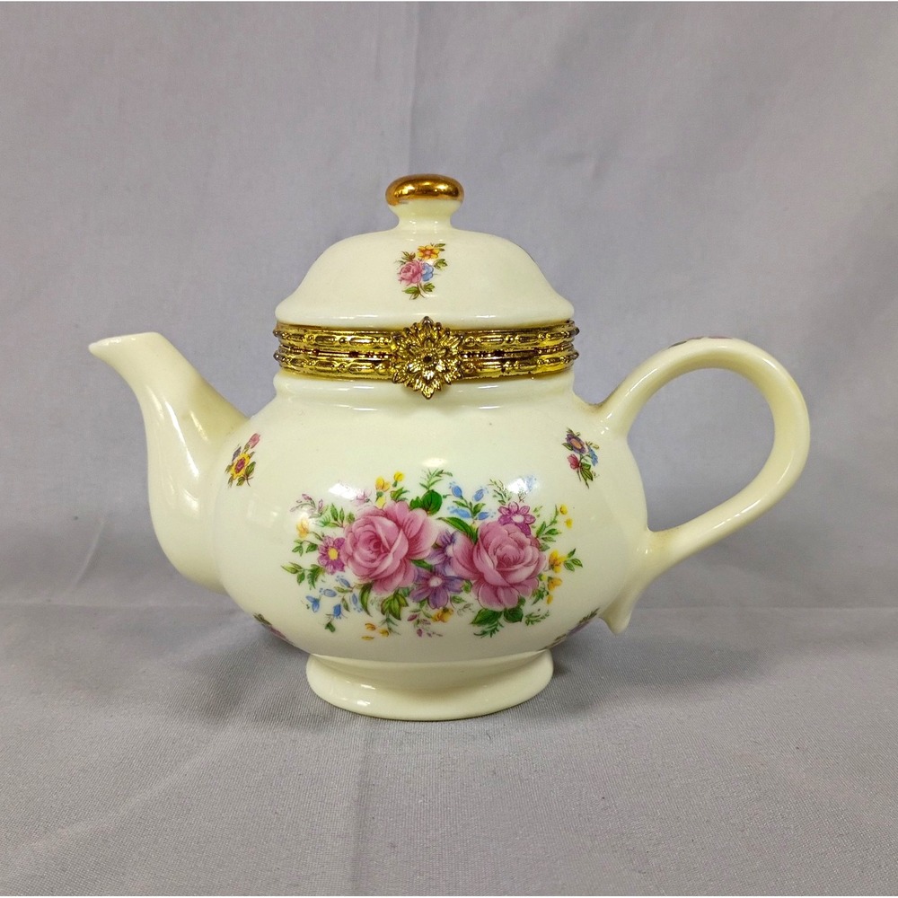 Formalities by Baum Bros Porcelain Teapot Hinged Trinket Box Pink Rose Vintage